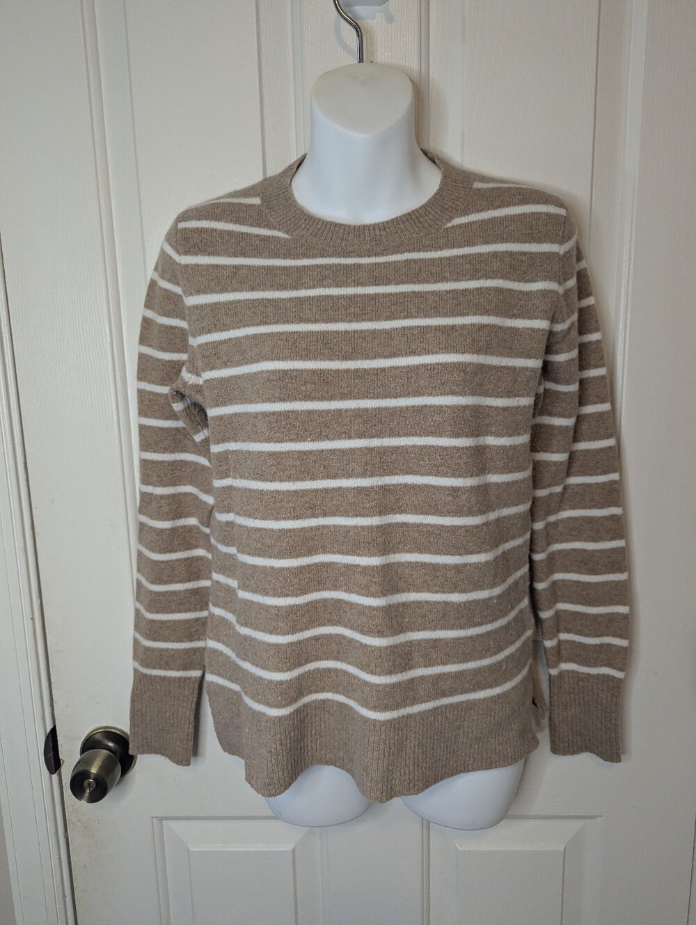 J.Crew Factory Extra-Soft Striped Crewneck Sweater Camel Tan Ivory XS
